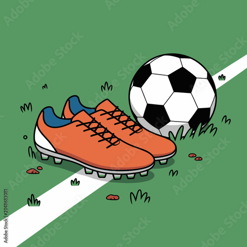 Orange soccer cleats and a black and white soccer ball on a green grass field with a white boundary line digital illustration