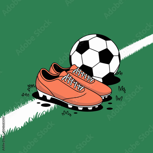 Pair of orange athletic soccer boots next to a classic soccer ball on a green turf field with white marking line illustration