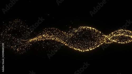 Golden particles swirl and flow in wavy motion on black background