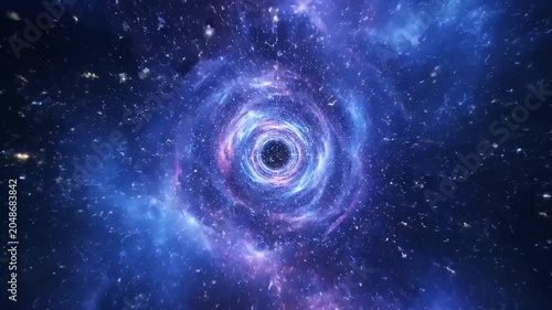 A vibrant swirling black hole dominates the dark cosmic landscape with stars and galaxies.