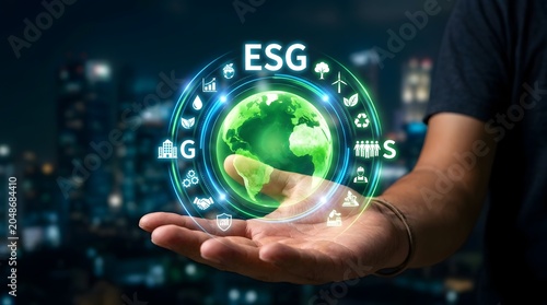 Sustainable ESG investment and green technology concept with glowing earth in hands over futuristic city skyline