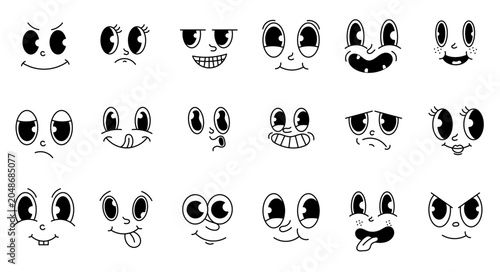 Funny Retro Cartoon Character Face Drawing Set on Isolated Background. Black and White Vintage Mascot Facial Expressions Collection, Cute 1950s Cartoon Sticker Bundle, Kawaii Emoji Faces