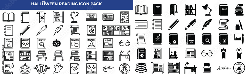 Fototapeta premium Halloween Themed Book And Stationery Flat Icons Vector Illustration Pack