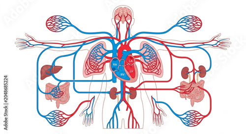 Foto Human circulatory system vector, cardiovascular anatomy, heart, arteries and veins diagram