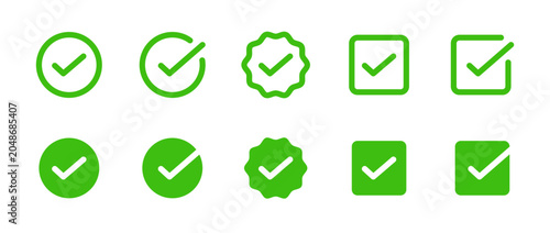 Tick and check mark related editable stroke outline and solid icons set isolated on white background flat vector illustration	