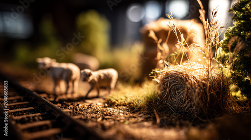 Close-up of a miniature farm scene beside model railway tracks with tiny grazing livestock and a haystack in warm summer light