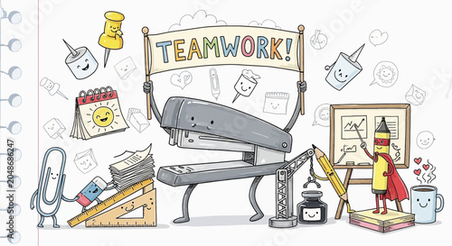 Cute Office Supplies Characters Working Together Teamwork Concept