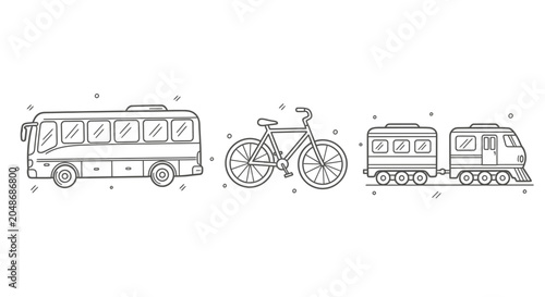 Hand Drawn Set of Public Transport Vehicles Including Bus Bicycle and Train