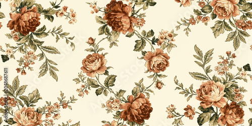 Vintage Rose Pattern: A beautiful floral pattern featuring richly hued roses and delicate greenery, evoking a sense of timeless elegance and romantic charm.