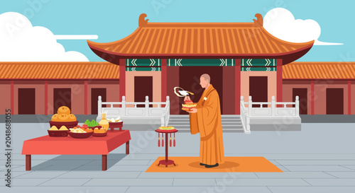 Monk offering blessings and spiritual gifts within a sacred temple setting