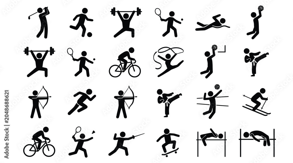 Fototapeta premium Fitness icons, sport signs, workout symbols, exercise graphics, 25 black silhouette illustrations