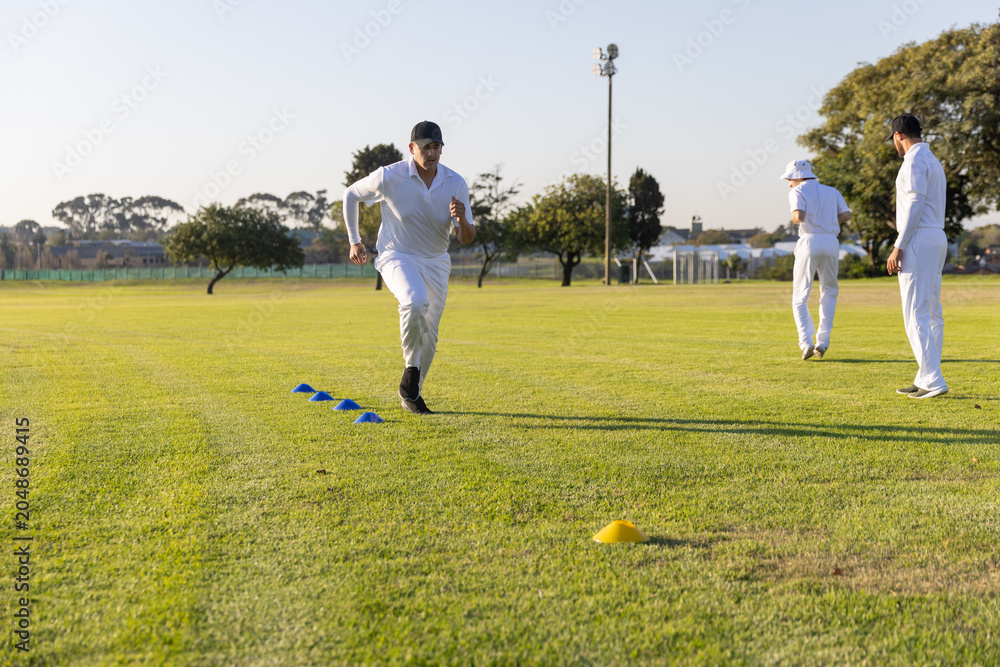 Obraz premium Male teammates wearing white cricket kit sprinting through blue cones on sports field, yellow cone