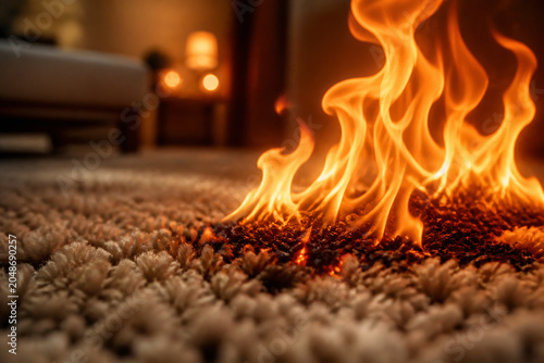 Flames burning on a thick carpet indoors.