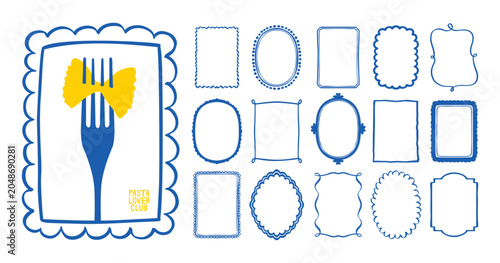 Italy Food Posters with Whimsical Frames. Pasta  Spaghetti Twirled on Fork Trendy Illustrations. Hand Drawn Vector Summer Design
