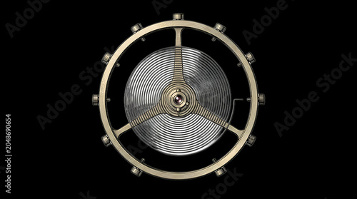 Macro view of steel hairspring and brass balance wheel for precision