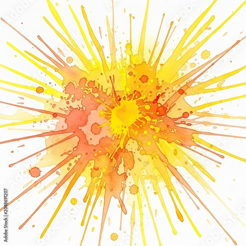 Energetic Yellow Orange Watercolor Sunburst Explosion Splash on White Background