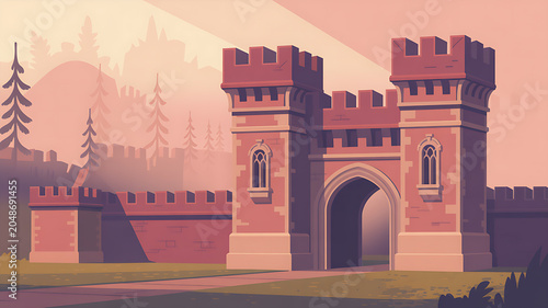 Stone fortress gatehouse at dusk with gatehouse fortress medieval architecture landscape