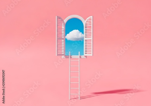 Pink wall with open window and ladder to cloud