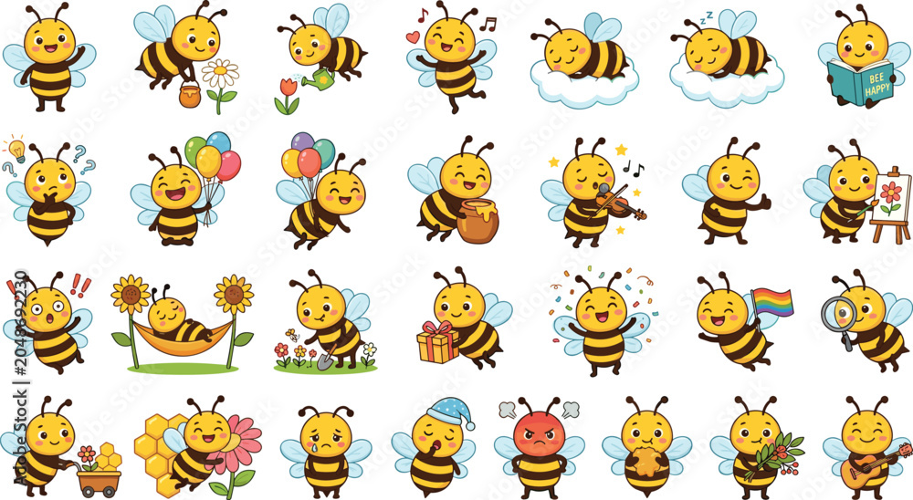 Obraz premium Cute Cartoon Bee Character Sticker Set with Funny Expressions, Honey, Flowers, Music, and Various Poses for Kids and Nature Designs
