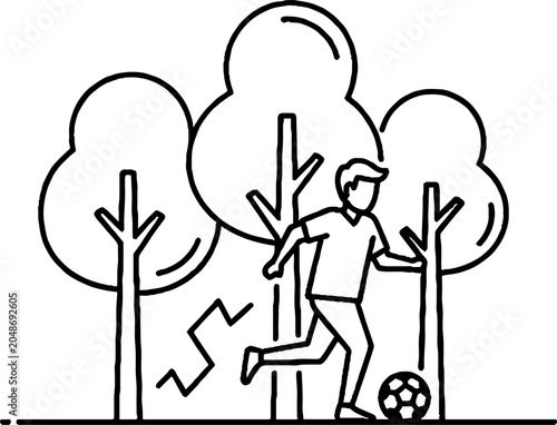 Young boy playing soccer outdoors among trees and nature.