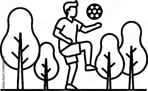 Cartoon illustration of person playing soccer in park setting.