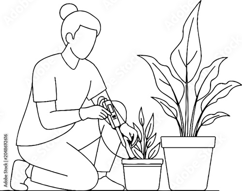 Woman carefully watering indoor potted plants illustration.