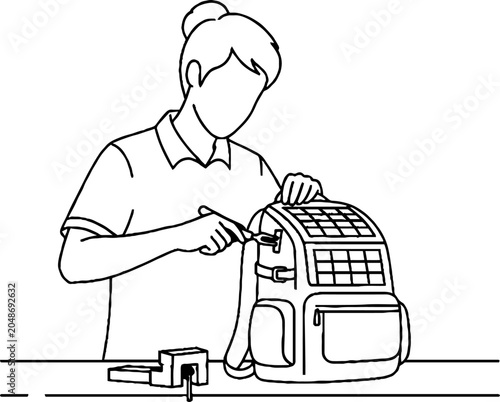 Person carefully adjusting straps on a backpack at table.
