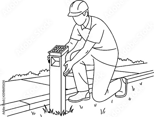Construction worker operating underground utility valve box.