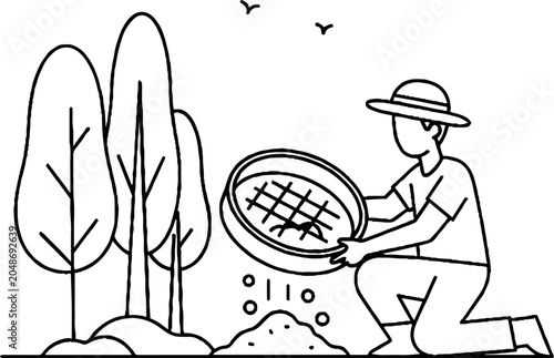 Person sifting soil in garden with large sieve outdoors.
