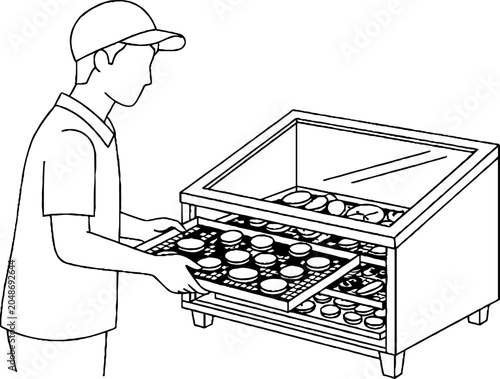 Worker accessing heated food display unit with trays.