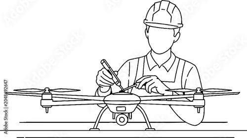 Engineer repairing and configuring modern industrial drone indoors.