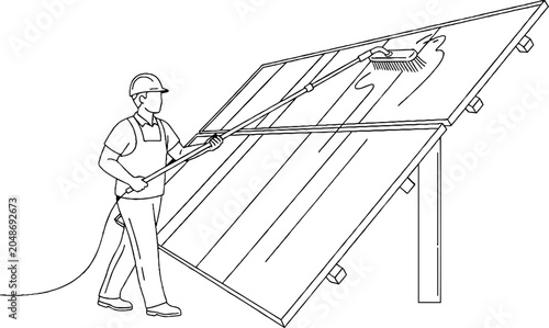 Construction worker installing solar panels on wooden frame.
