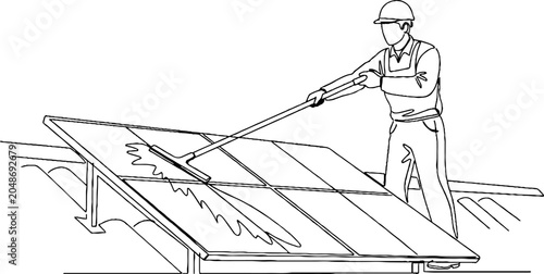 Construction Worker Cleaning Solar Panels on Roof.