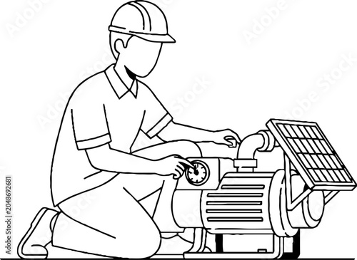 Technician repairing industrial machine with protective gear.