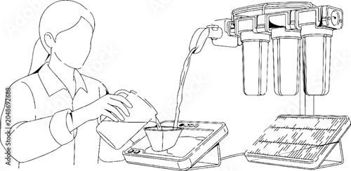Person testing water quality with filtration system setup.
