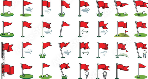 Schilderij op canvas Golf Flag and Hole Icon Set with Red Flags, Golf Balls, Tee, Wind, and Green Cou