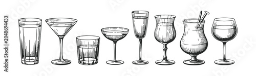 Photos Set of hand drawn sketches of empty glassware for cocktails wine and spirits iso