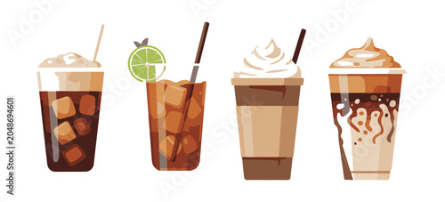 Iced Coffee and Cold Brew Beverage Illustrations Collection in Flat Design Style, refreshing cafe drinks Vector Design and Illustration