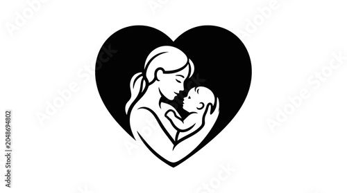 Foto Mother Holding Baby Inside Heart Shape Silhouette, Love and Family Symbol