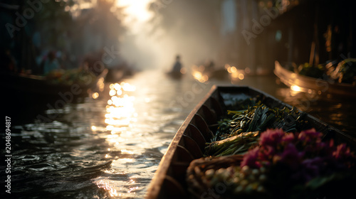 Wooden sampan laden with flowers and greens gliding through misty golden morning light between vendor boats at a floating market