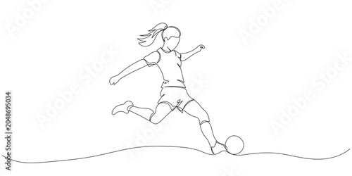Continuous line drawing of a football player jumping and kicking the ball. Single-line minimalist illustration of a young woman playing soccer. Vector artwork.