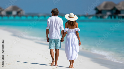Rear view of a faceless couple walking along a white sand beach at the edge of a turquoise Maldivian lagoon, overwater bungalows visible in the far distance, luxury island escape