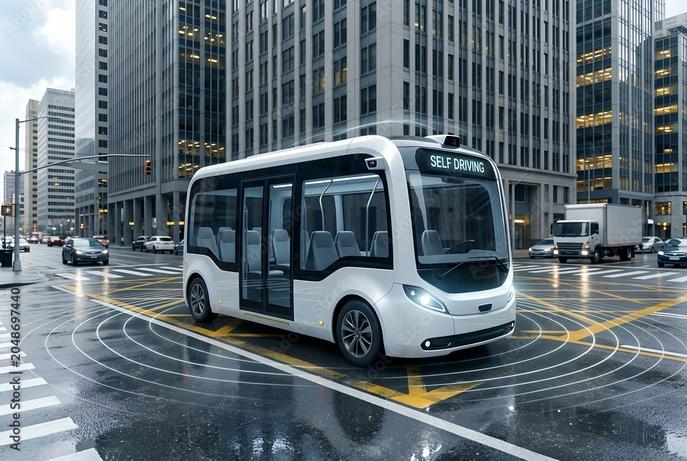 Obraz premium Self-driving shuttle bus on city street in an urban environment