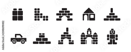 Building Block Construction Icons in Solid Black Silhouette Style