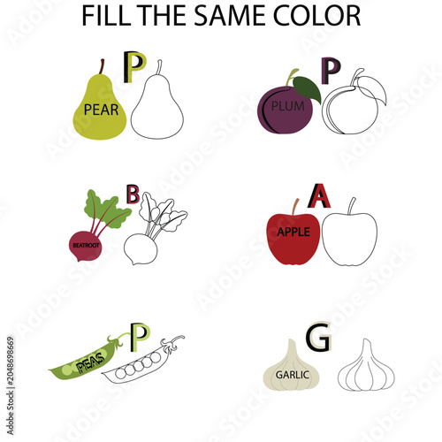 Educational Fruits and Vegetables Spelling and Color Matching Worksheet