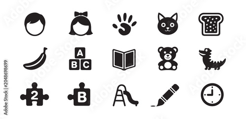 Comprehensive Black and White Baby, Child, and Pet Icons Collection
