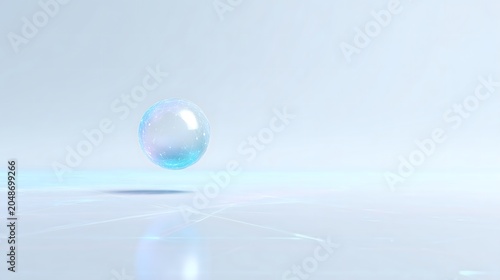 Minimalist futuristic background with floating iridescent glass sphere and copy space