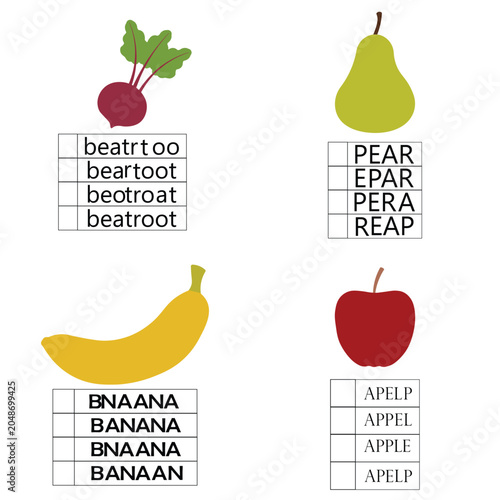 Educational Fruits and Vegetables Spelling and Color Matching Worksheet