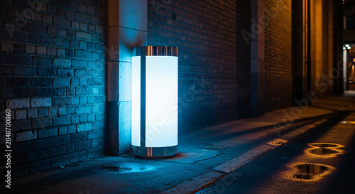 Glowing Modern Light Fixture Standing in Dark Urban Alley at Night