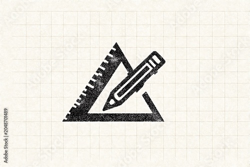 Minimalist vector icon of a pencil and triangle ruler on a graph paper grid background.